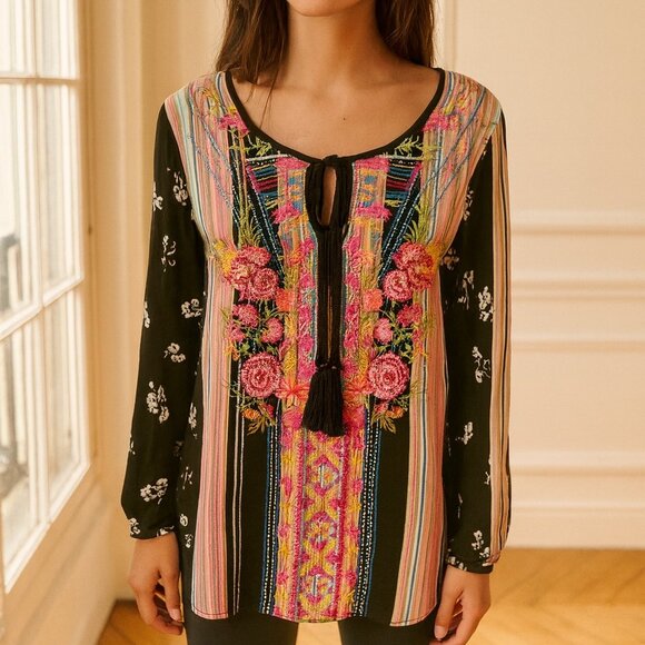 Calessa Black Floral Embroidered Mixed Media Pop Over Tunic Top xl - Picture 1 of 8
